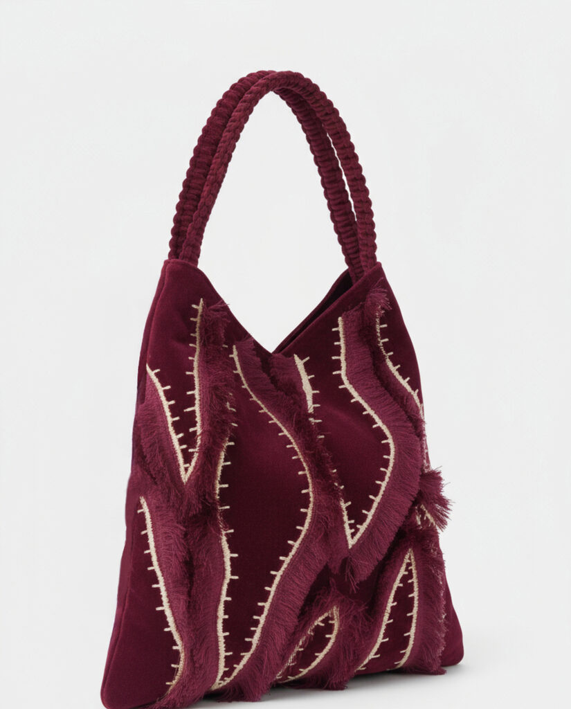 Bolso trapezoidal de terciopelo bordado burdeos — foto 2