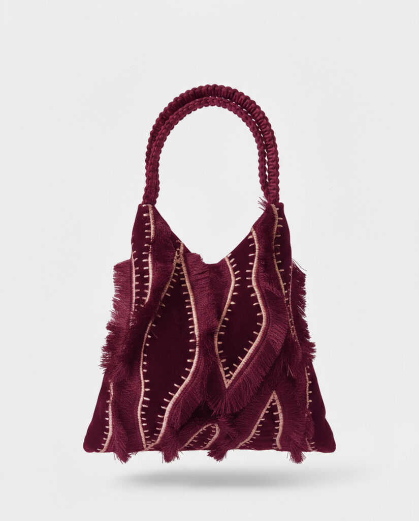 Bolso trapezoidal de terciopelo bordado burdeos — foto 1