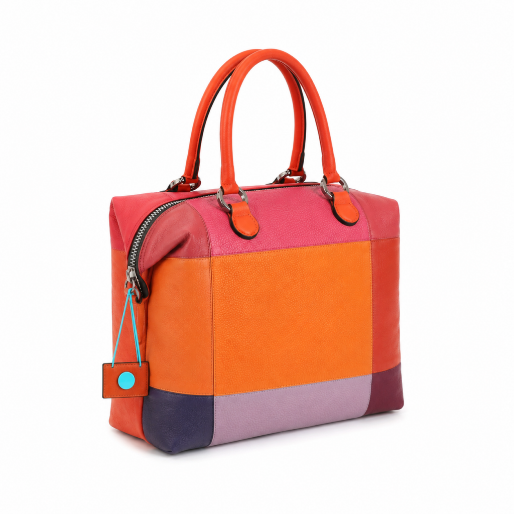 Bolsa de compras convertible en nailon estampado pop y cuero de becerro graneado- TONOS NARANJAS — foto 4