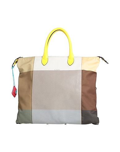 Bolsa de compras convertible en nailon estampado pop y cuero de becerro graneado- TONOS MARRÓN