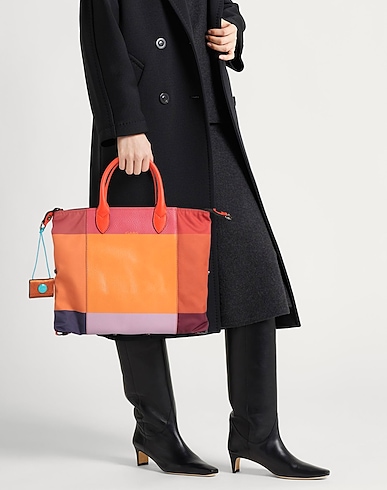 Bolsa de compras convertible en nailon estampado pop y cuero de becerro graneado- TONOS NARANJAS - Imagen 2