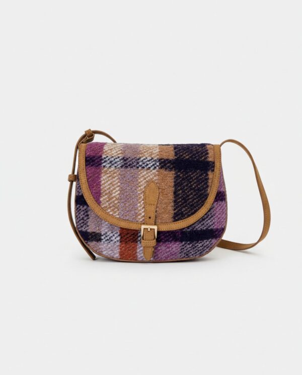 Bolso bandolera de cuadros de lana morado