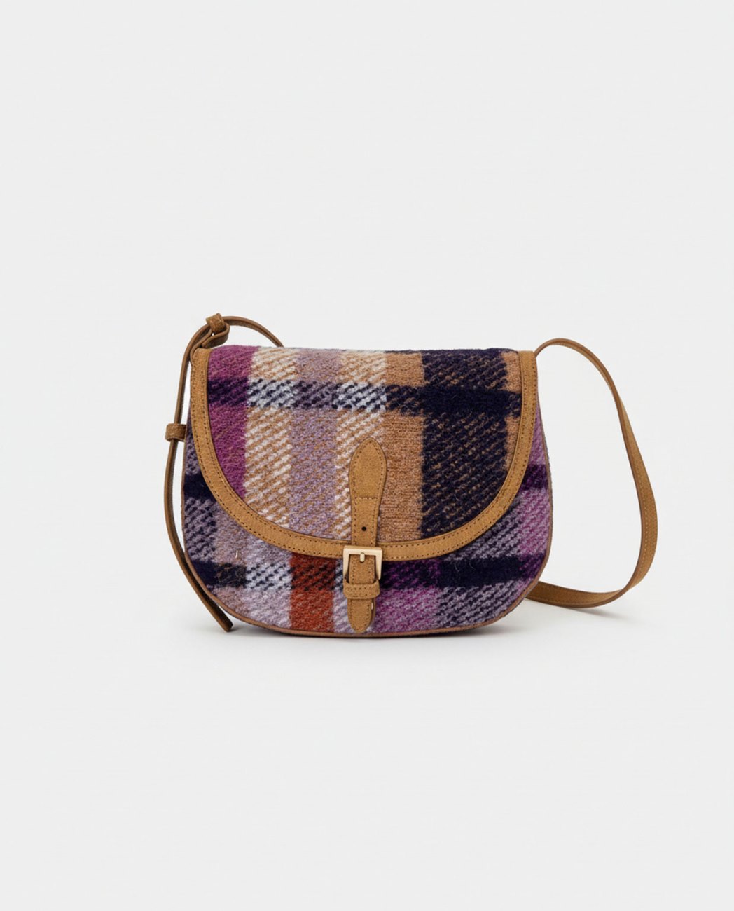 Bolso bandolera de cuadros de lana morado