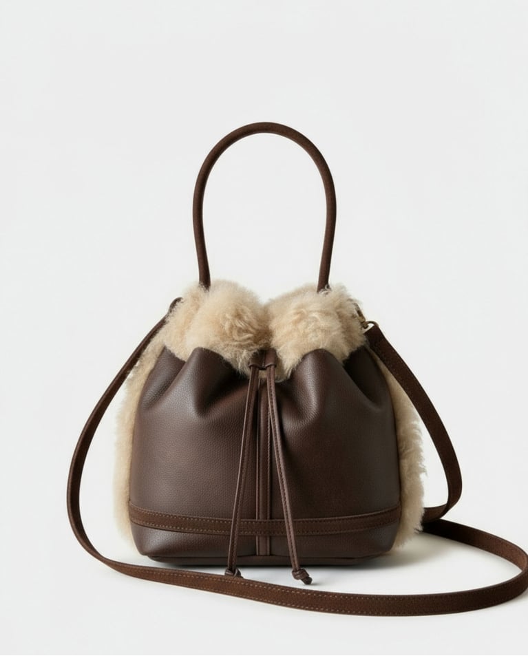 Bolso cubo doble cara con pelo marrón