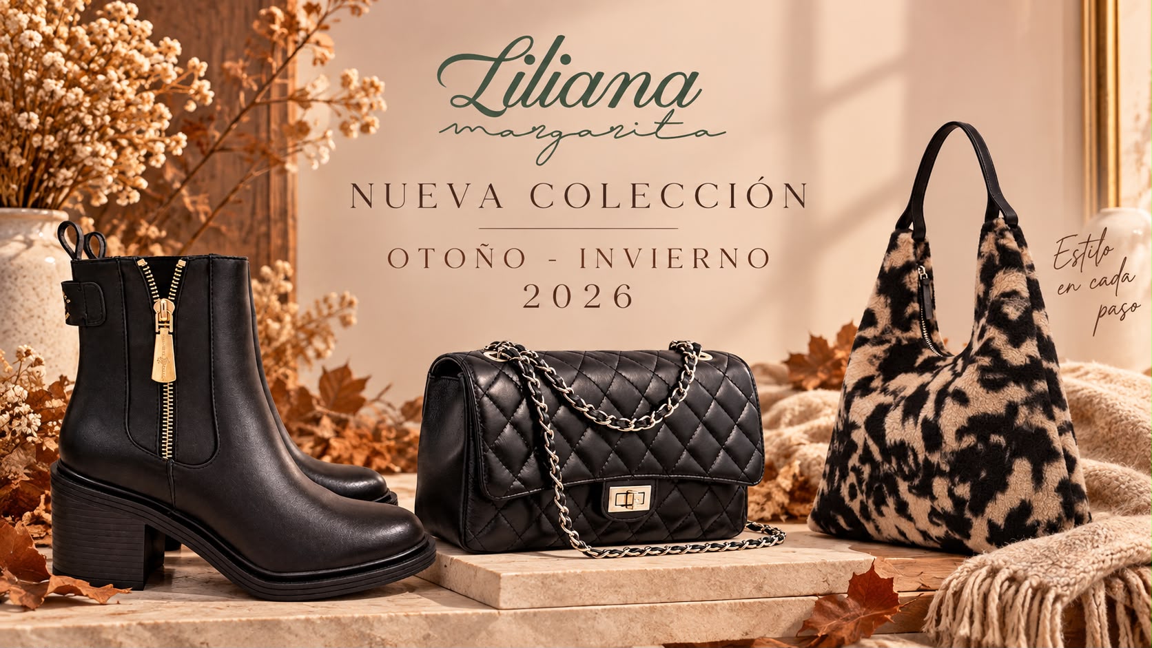 Nueva colección otoño-invierno 2026 de Liliana Margarita: botín negro, bolso acolchado negro y bolso de pelo con estampado animal