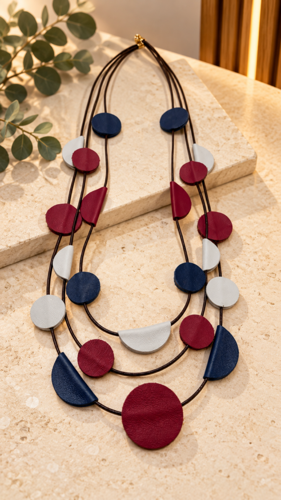 Collar artesanal de piel BURDEOS/AZUL/BEIG — foto 2