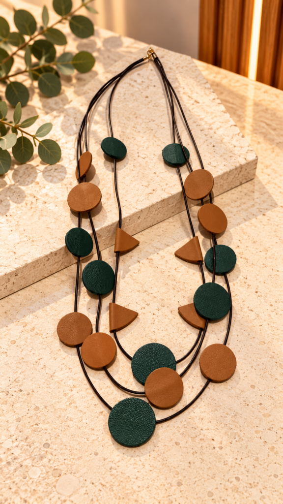 Collar artesanal de piel VERDE/CAMEL — foto 2