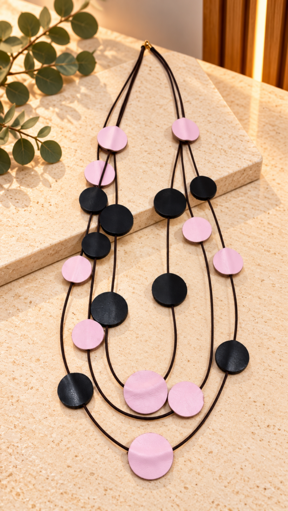 Collar artesanal de piel ROSA/MARRÓN — foto 2