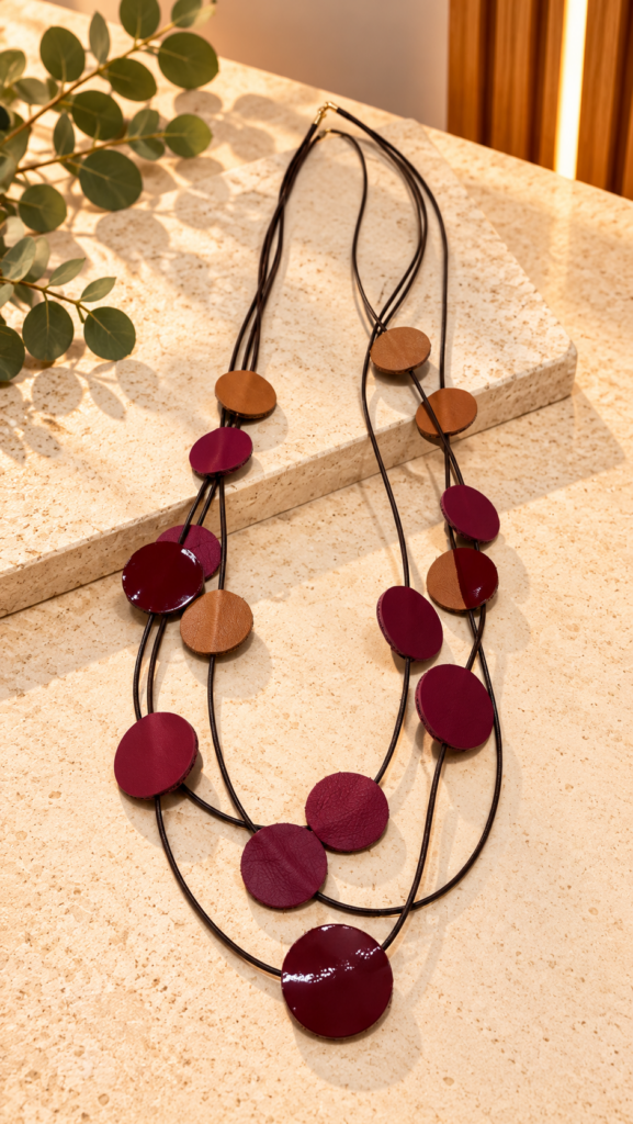 Collar artesanal de piel BURDEOS/CAMEL — foto 2